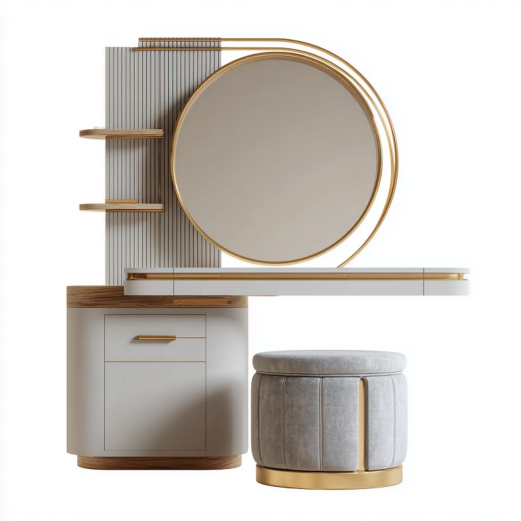 Tocador gris con espejo redondo, armario de almacenamiento y taburete acolchado