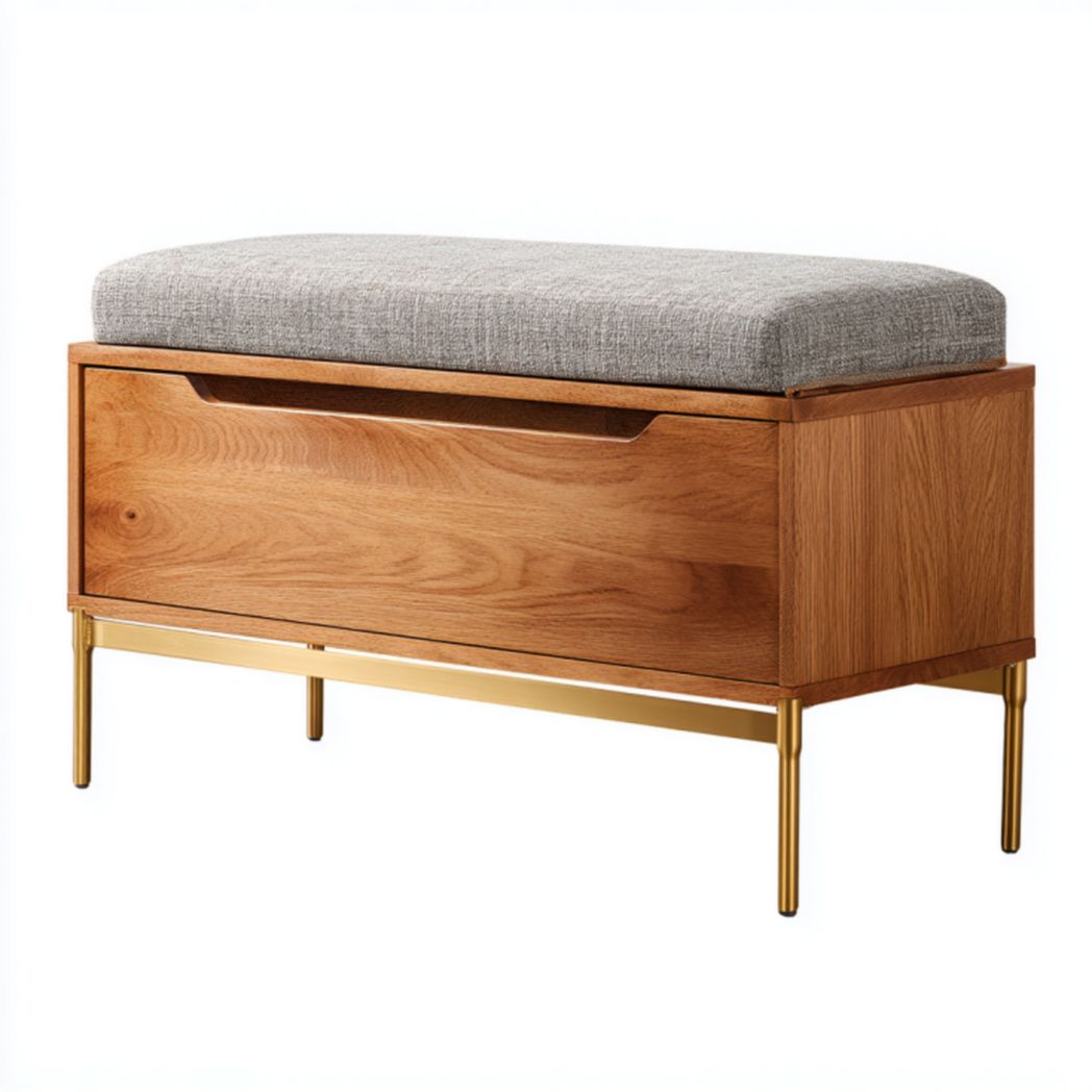 Banco de madera con cojín gris y compartimento de almacenamiento