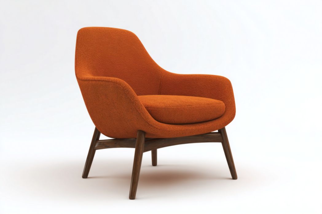 Sillón lounge naranja con base de madera nogal y cojín de asiento