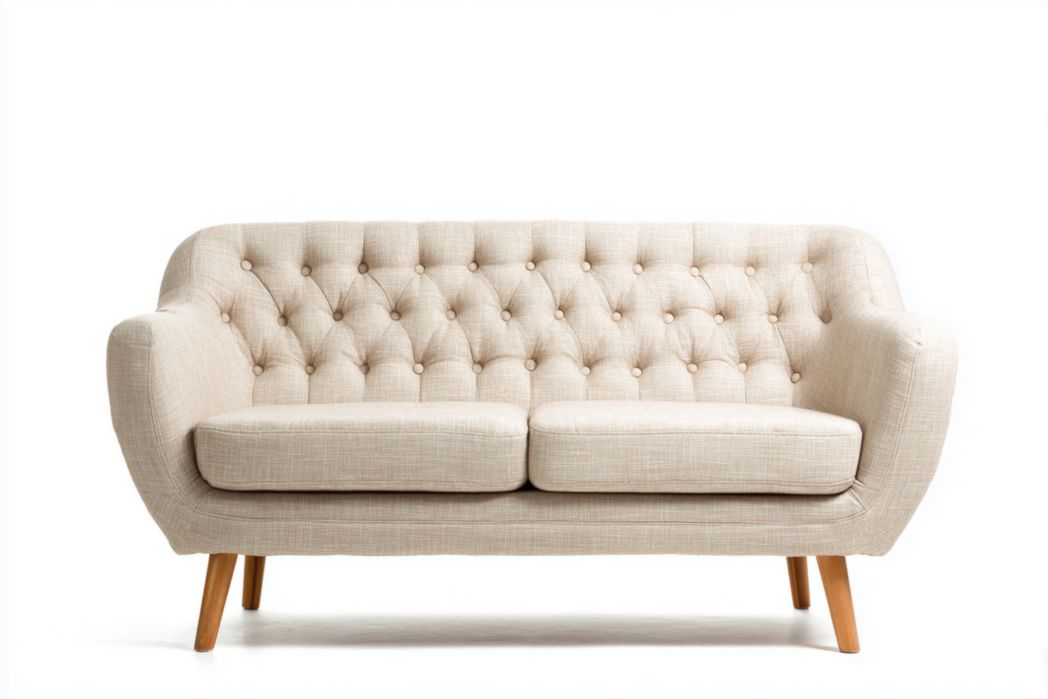 Sofá 2 plazas beige con respaldo capitoné y patas de madera