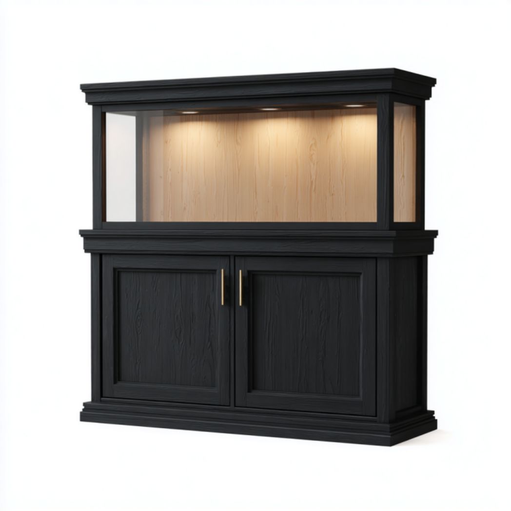 Mueble TV negro con vitrina de vidrio y luz LED, tiradores dorados – 120×40×150 cm