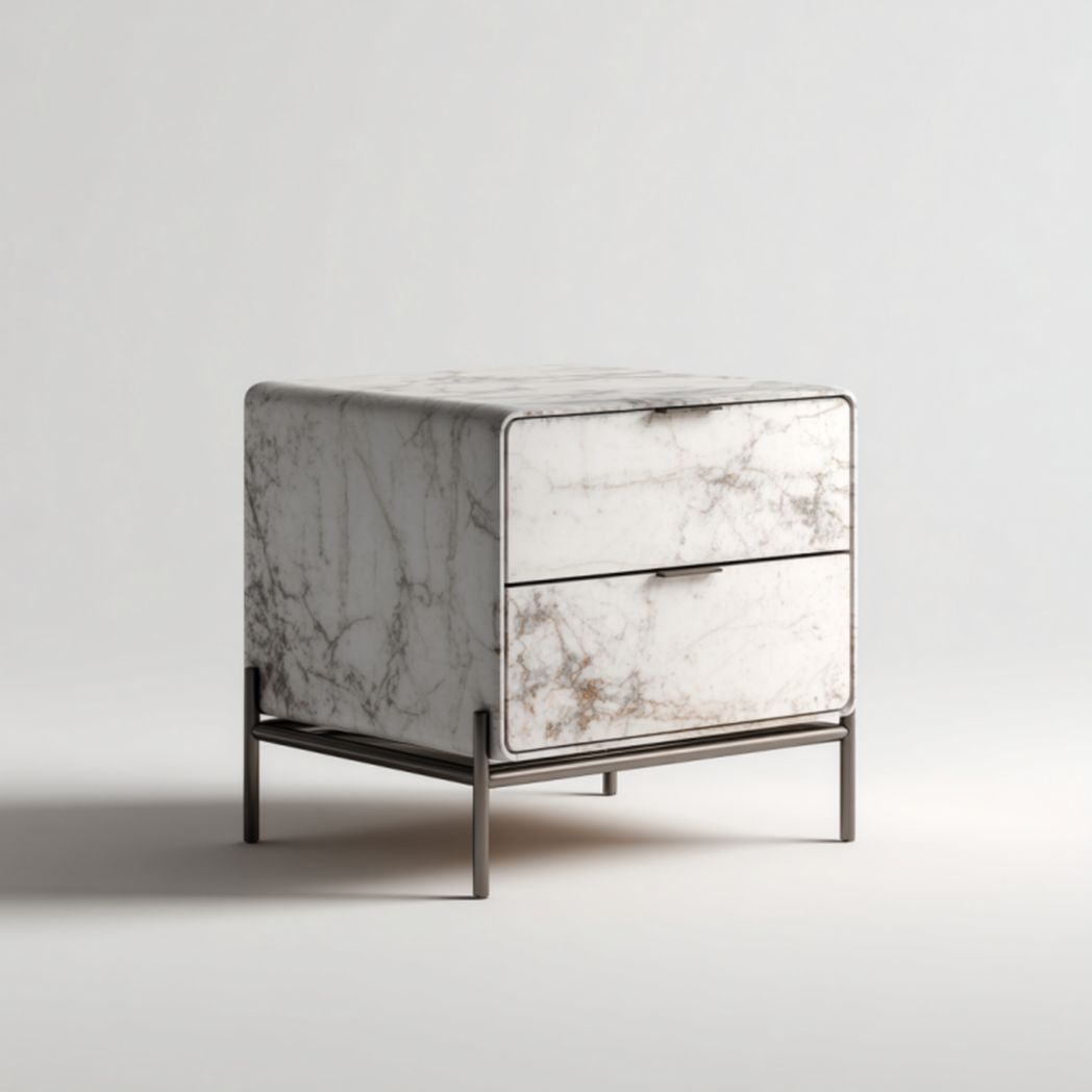 Mesita de noche con acabado mármol blanco y 2 cajones con base metálica
