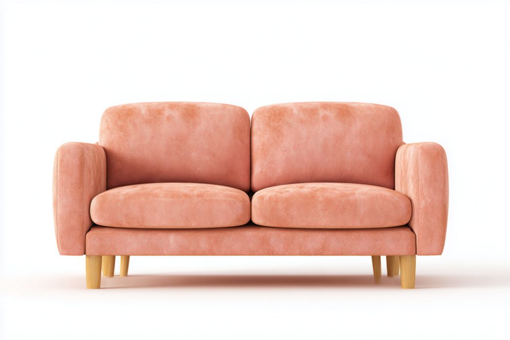 Sofá de 2 plazas en tela rosa con patas de madera y cojines acolchados