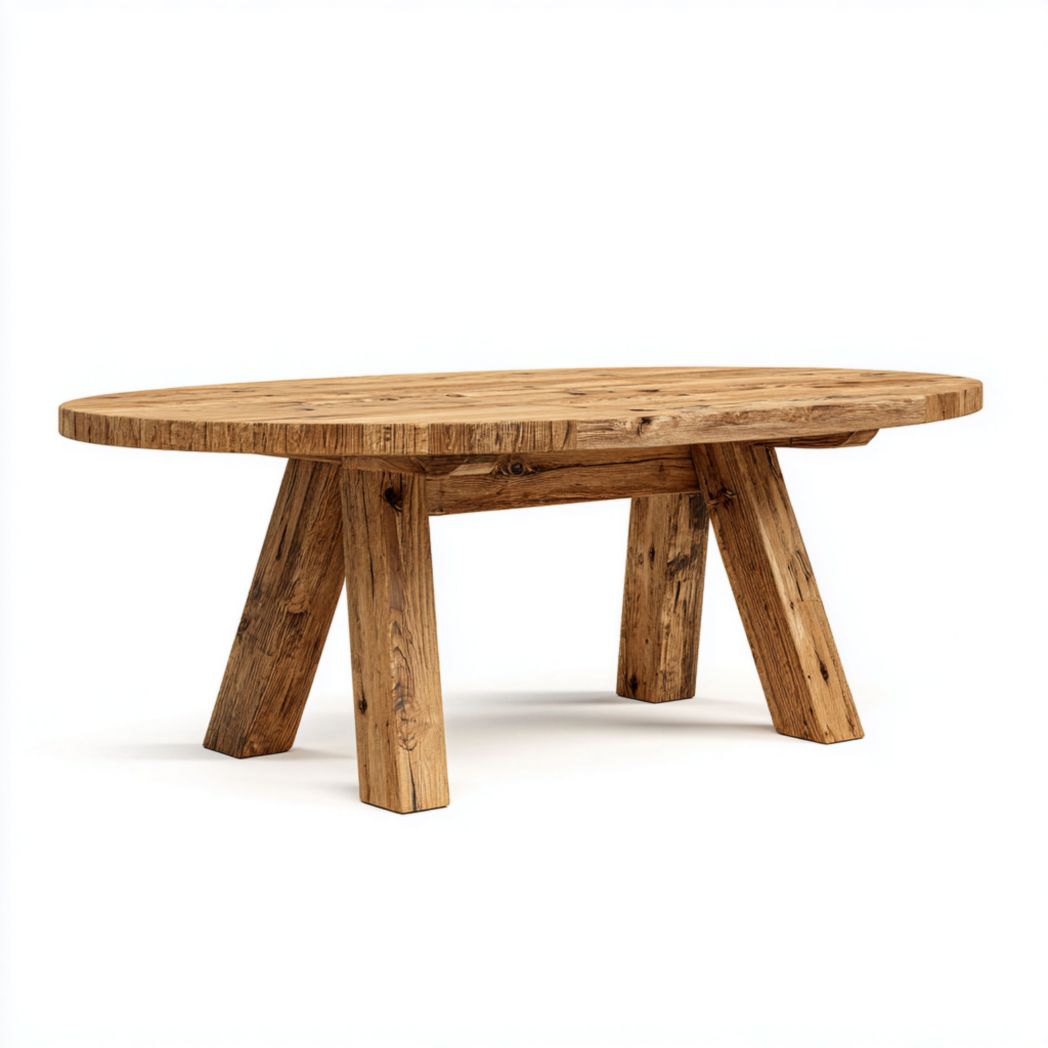 Mesa de comedor oval de madera maciza roble rústico con patas inclinadas, 200×100×75 cm