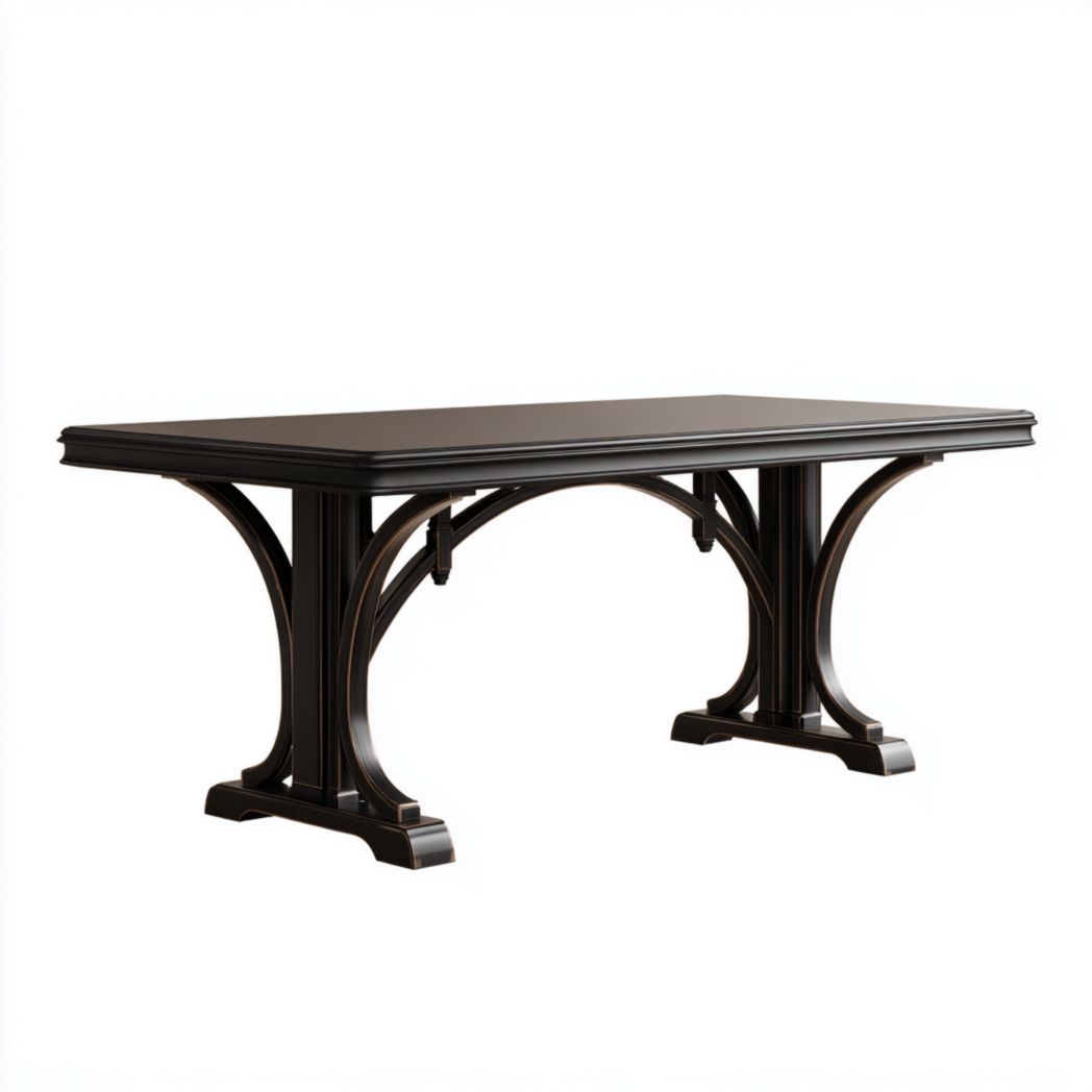 Escritorio de madera color oscuro con patas de soporte arqueado