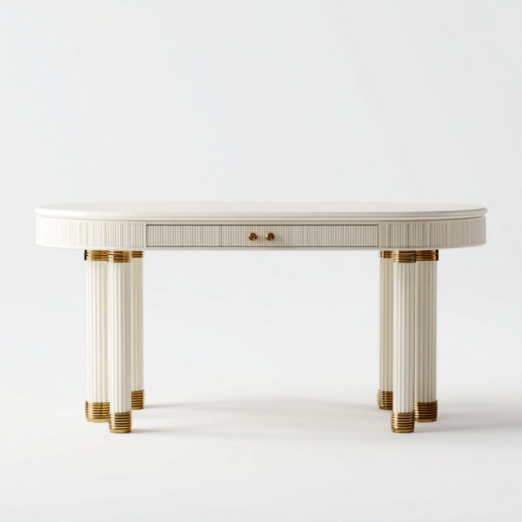 Escritorio beige con bordes redondeados y 1 cajones con detalles dorados