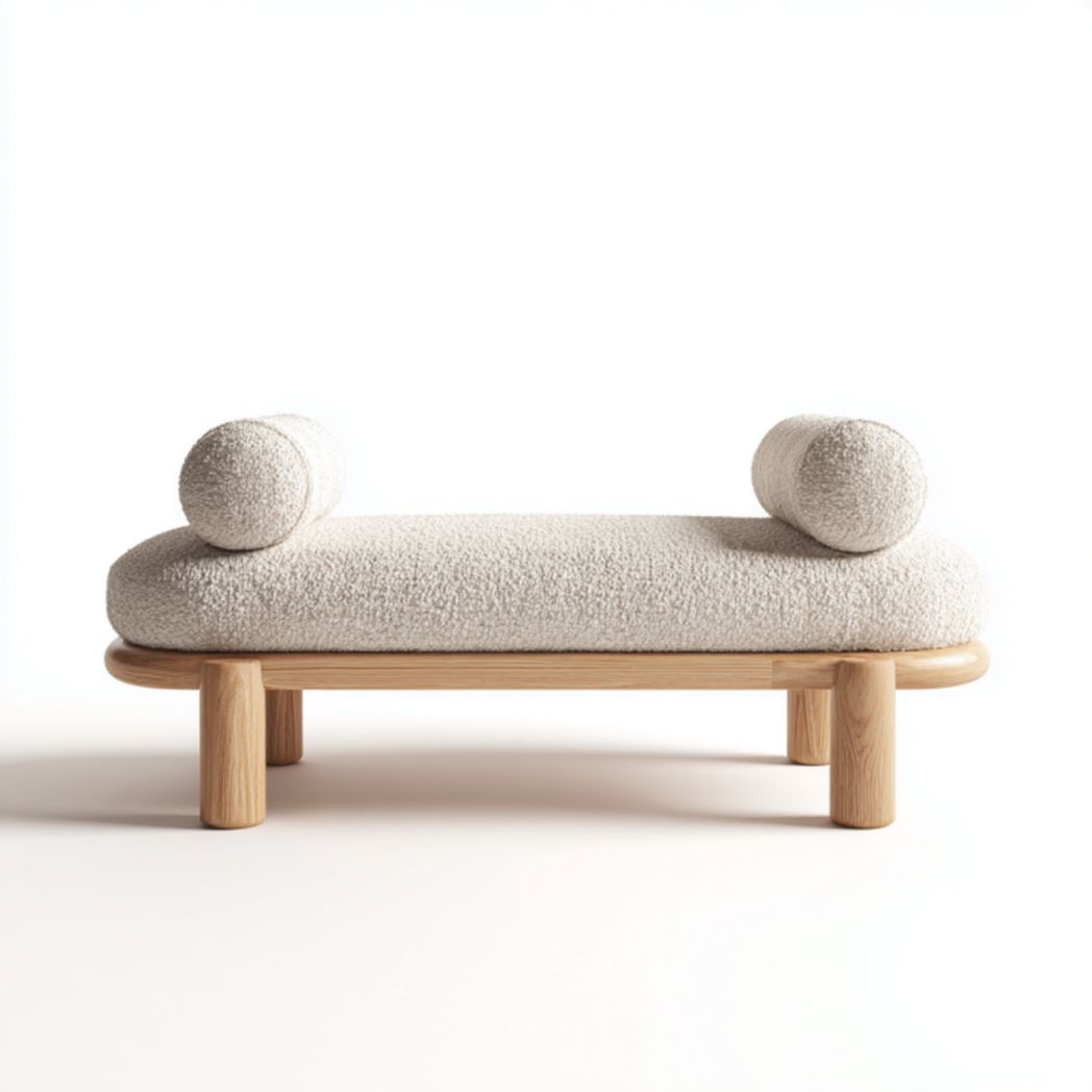 Banco tapizado color marfil con base de madera y dos cojines cilíndricos