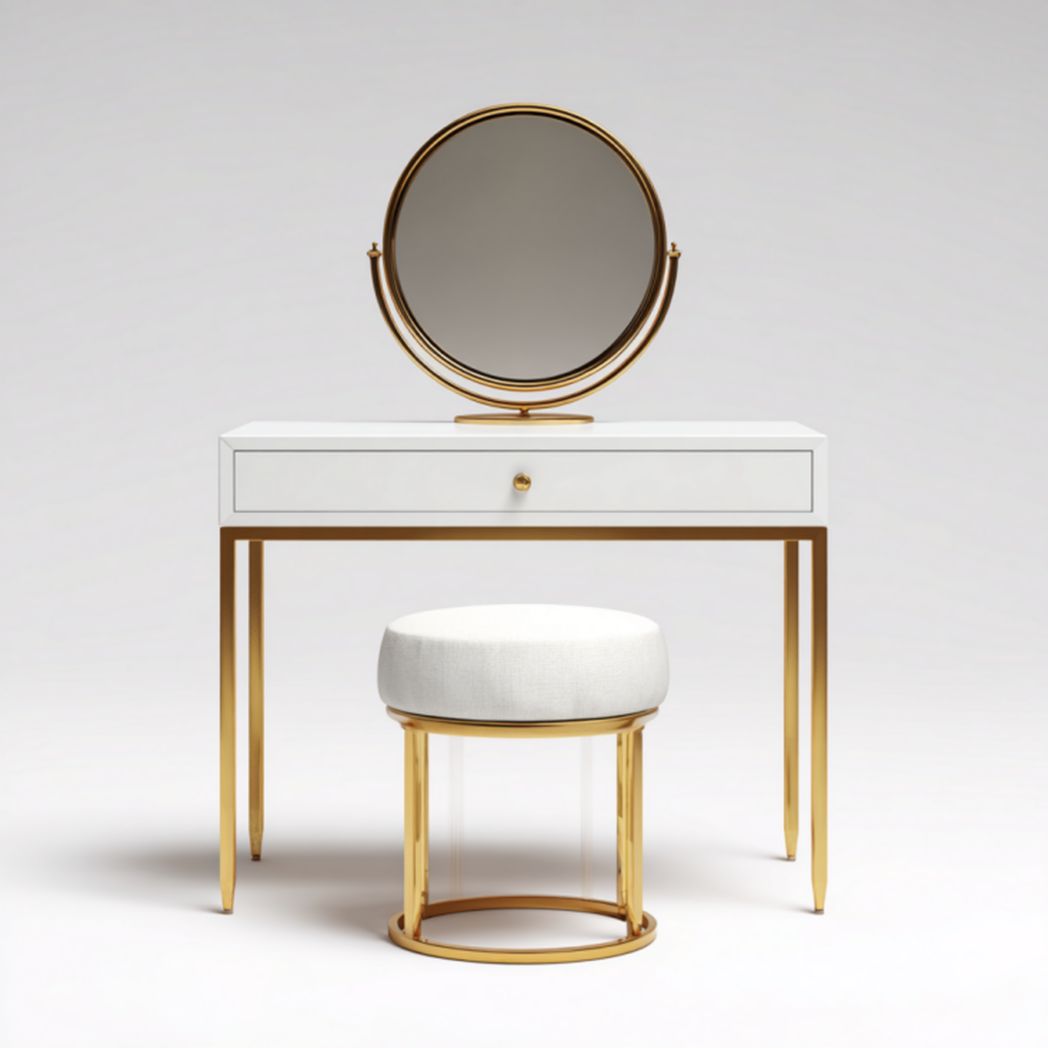 Tocador blanco con espejo redondo, cajón y taburete metálico acolchado