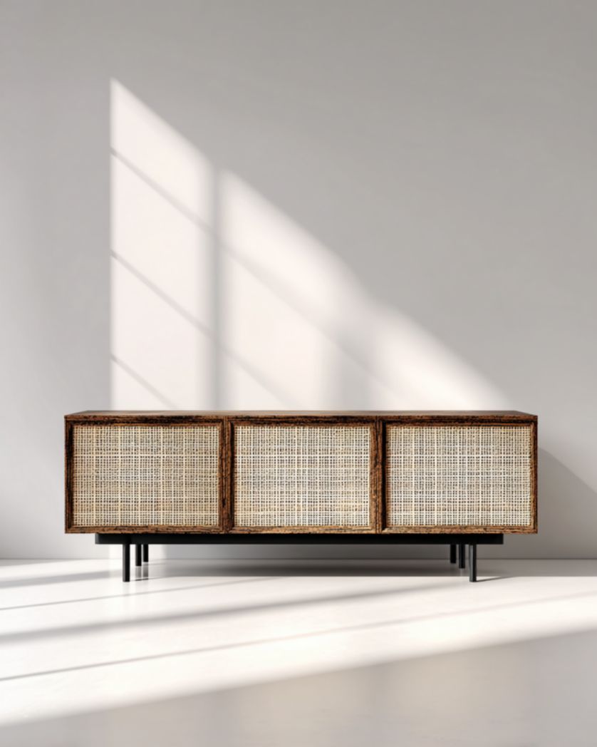 Aparador de madera oscura con 3 puertas de ratán y patas negras, 180×40×60 cm