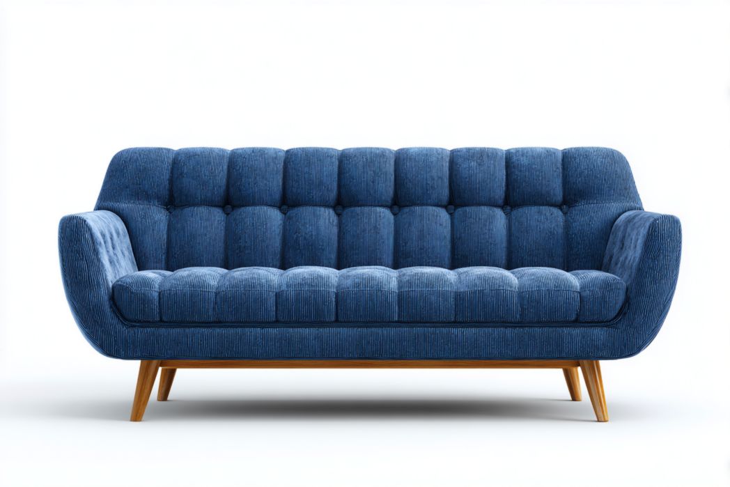 Sofá 3 plazas azul con tapizado de pana y patas de madera