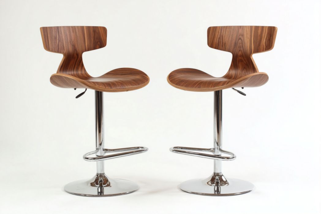Juego de 2 taburetes de bar color nogal con respaldo y base metálica regulable