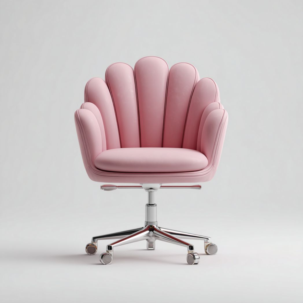 Silla de oficina con diseño de concha en piel rosa y base metálica con ruedas
