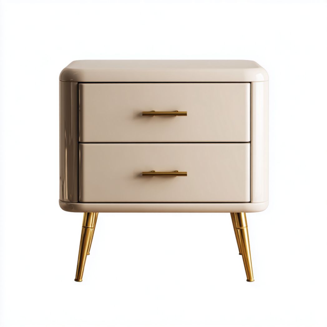 Mesita de noche beige con 2 cajones y patas doradas