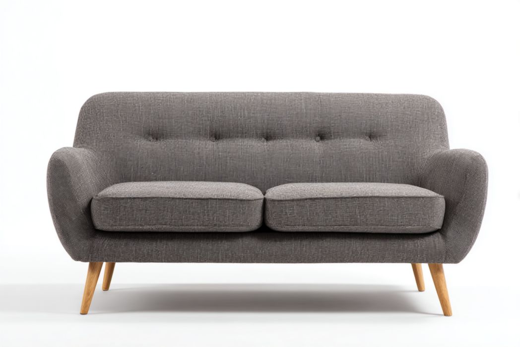 Sofá de 2 plazas en tela gris oscuro con cojines desmontables y patas de madera