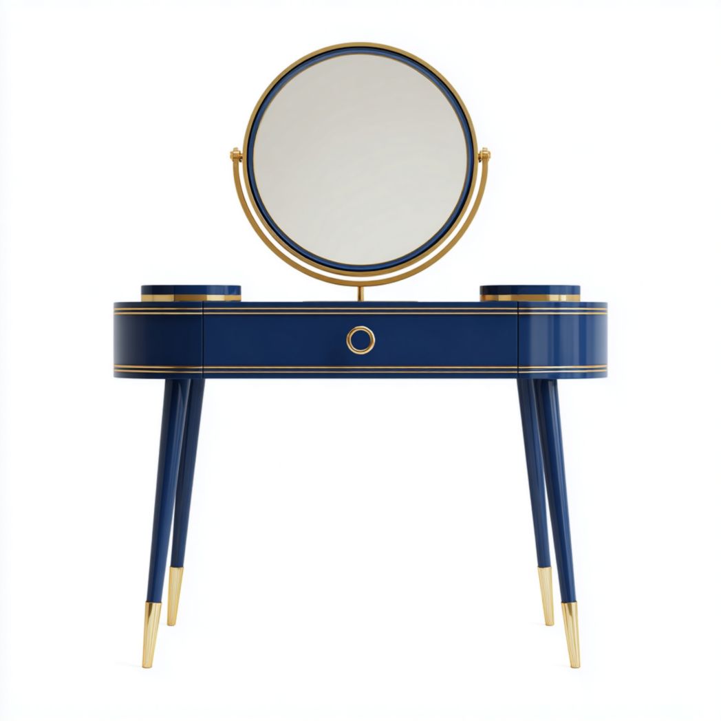 Tocador azul con espejo redondo y detalles dorados