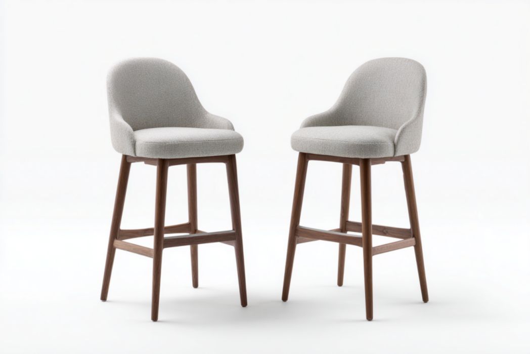 Juego de 2 taburetes de bar grises tapizados en tela con respaldo y patas de madera