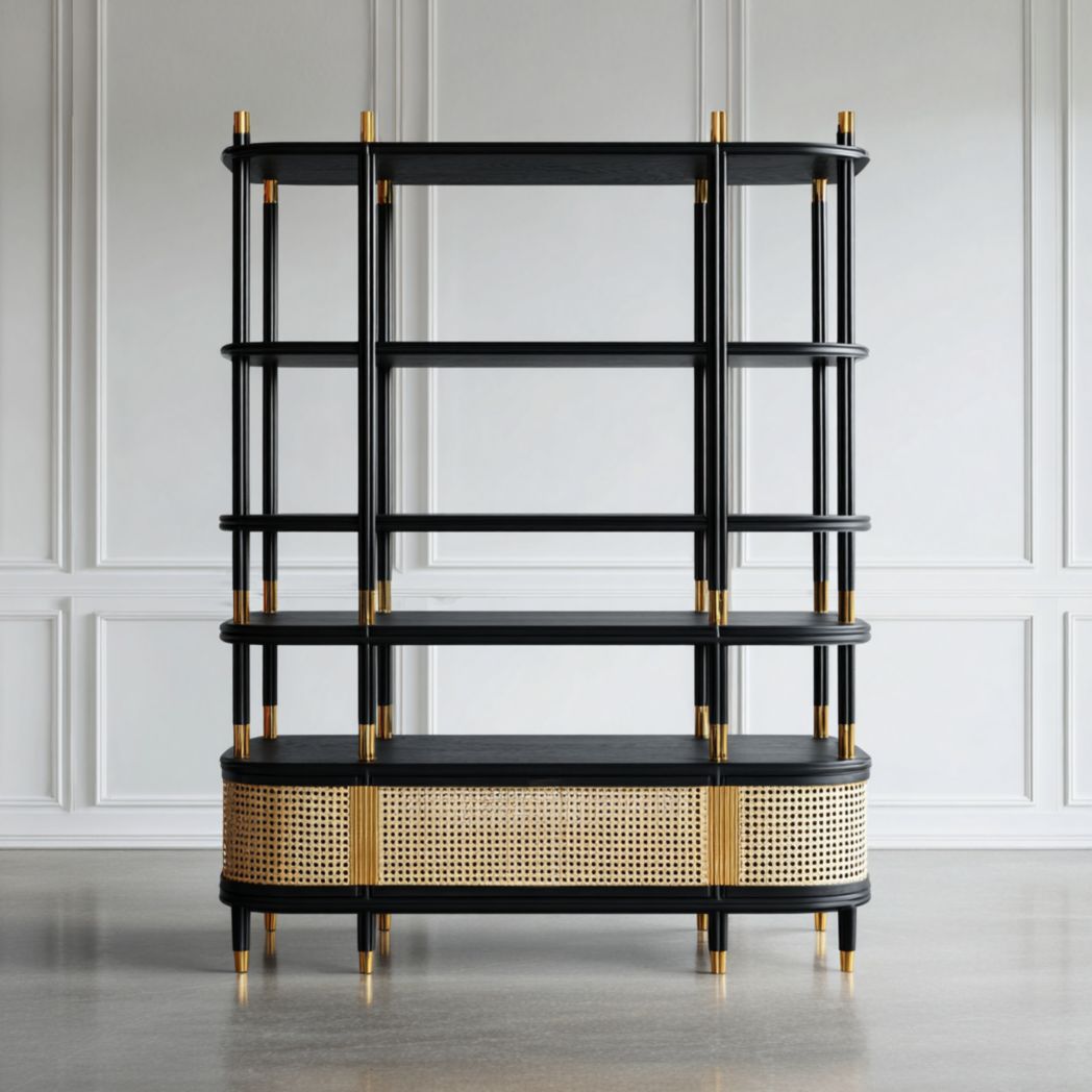 Estantería de madera negra con detalles en ratán y acabados dorados