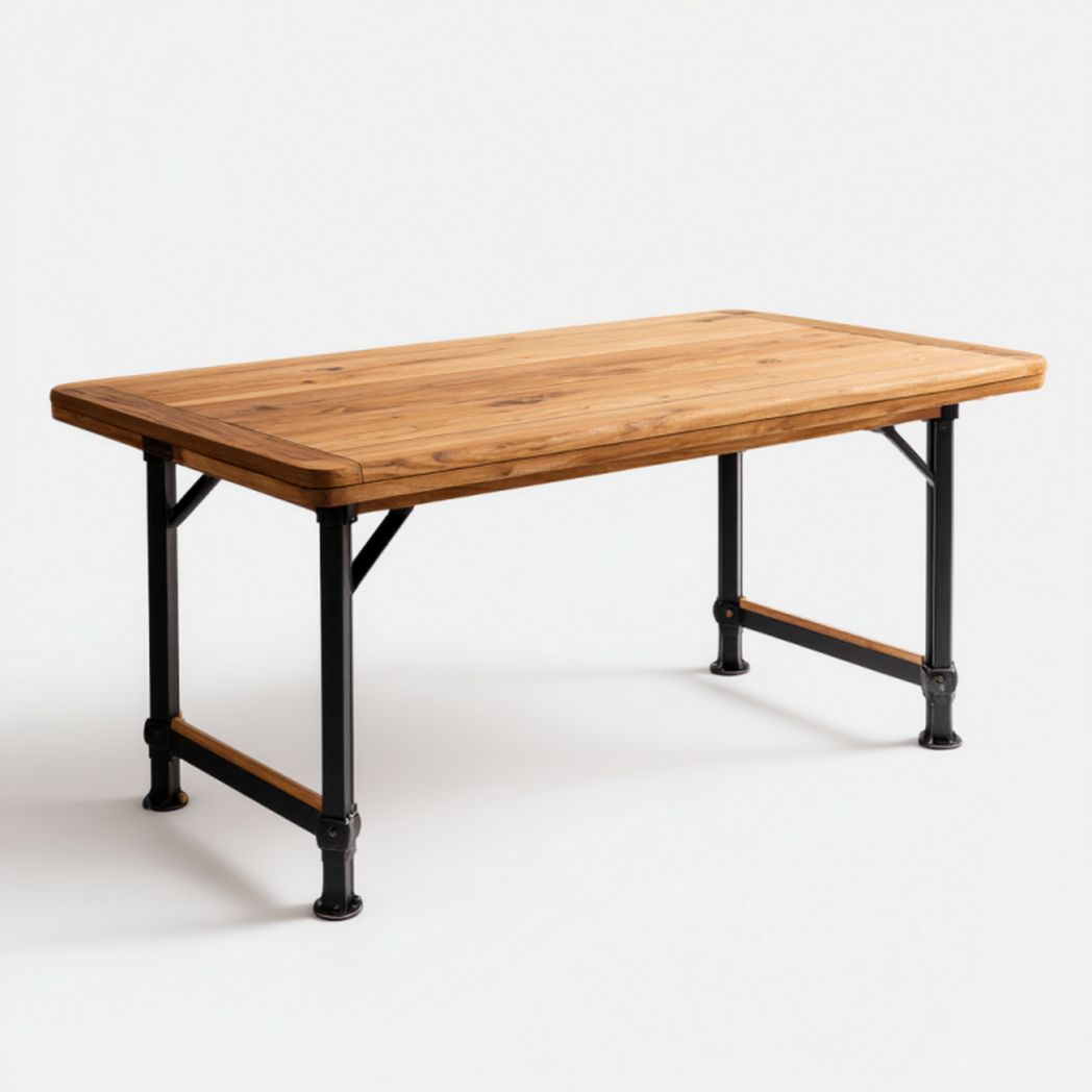 Mesa de jardín rectangular, tablero de madera tono miel y estructura metálica negra 160×85×75 cm