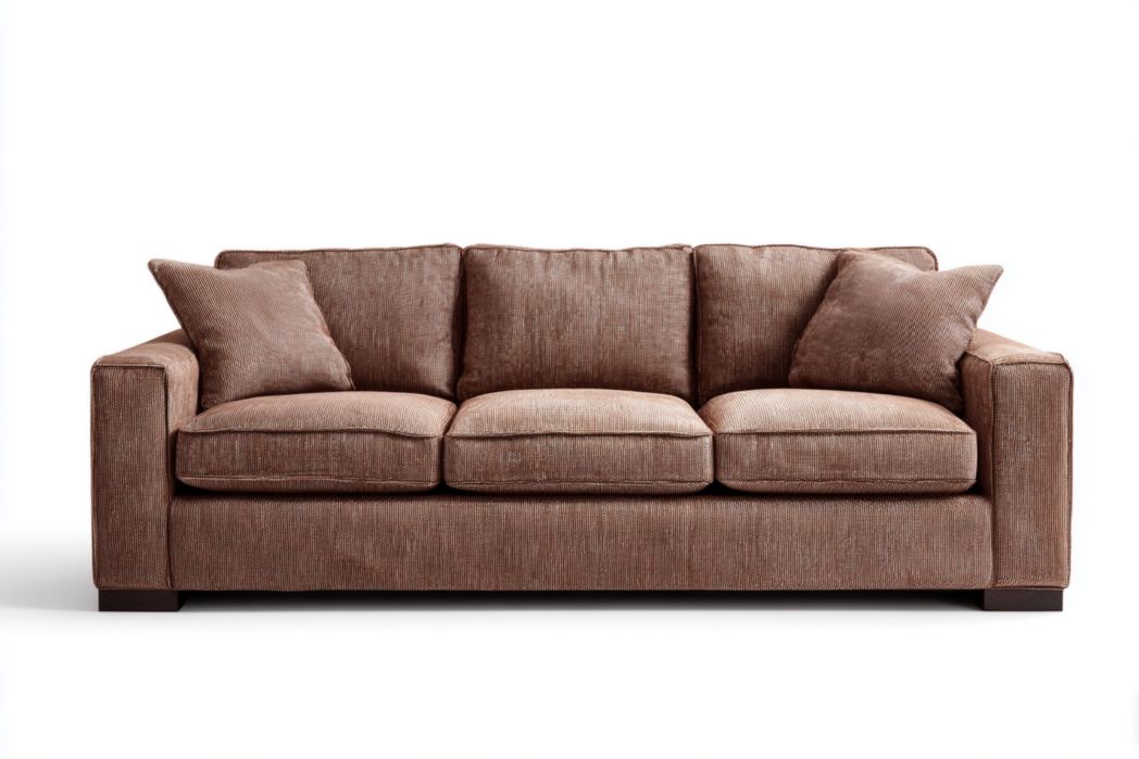Sofá 3 plazas en tela marrón con cojines y asientos acolchados