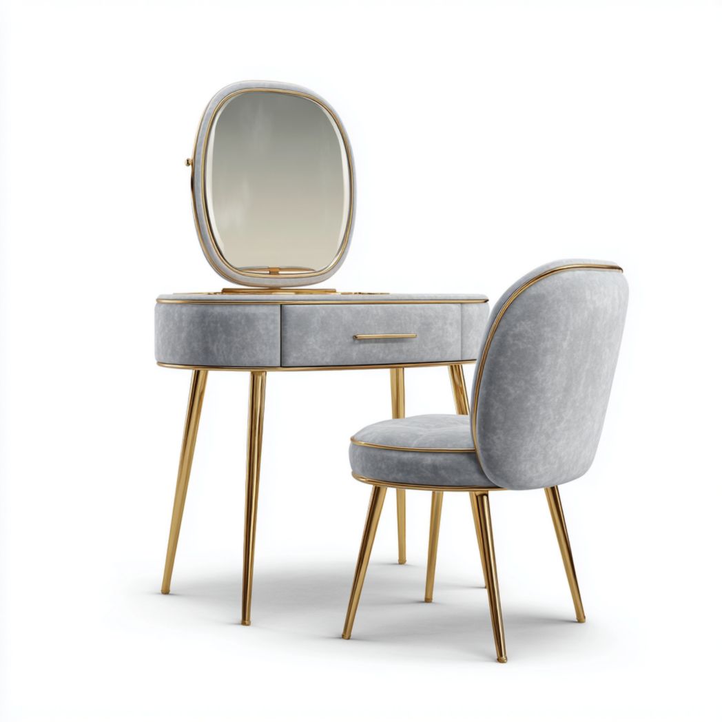Tocador gris con espejo ovalado, cajón único y silla acolchada