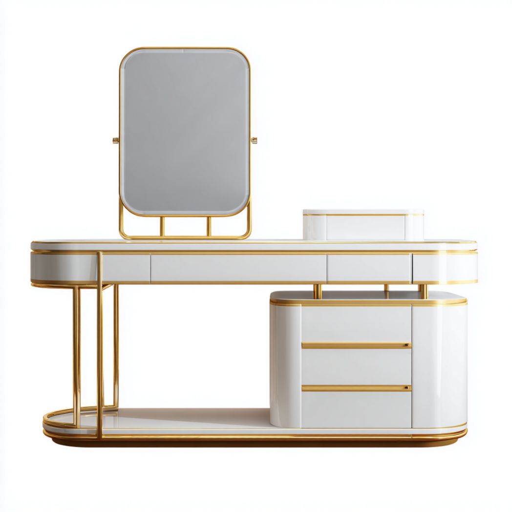 Tocador blanco con espejo rectangular y cajones, estructura metálica dorada