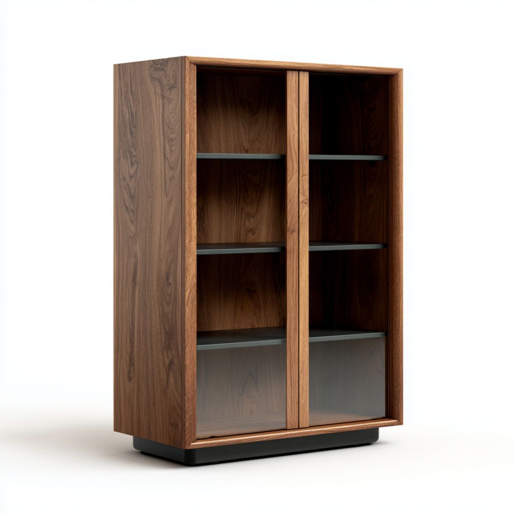 Zapatero de madera color nogal con puertas correderas de vidrio