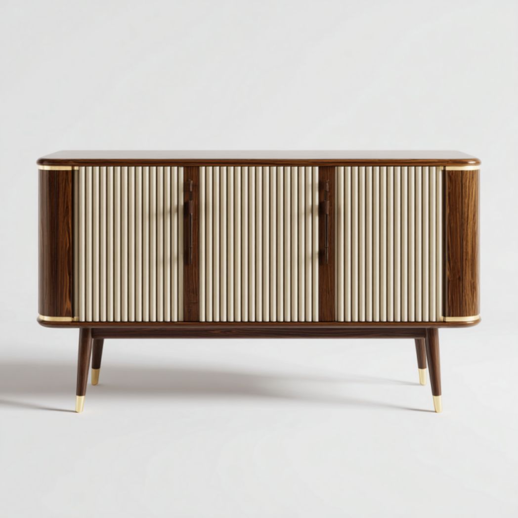 Mueble TV en nogal con frentes acanalados color crema y detalles dorados – 150×40×65 cm