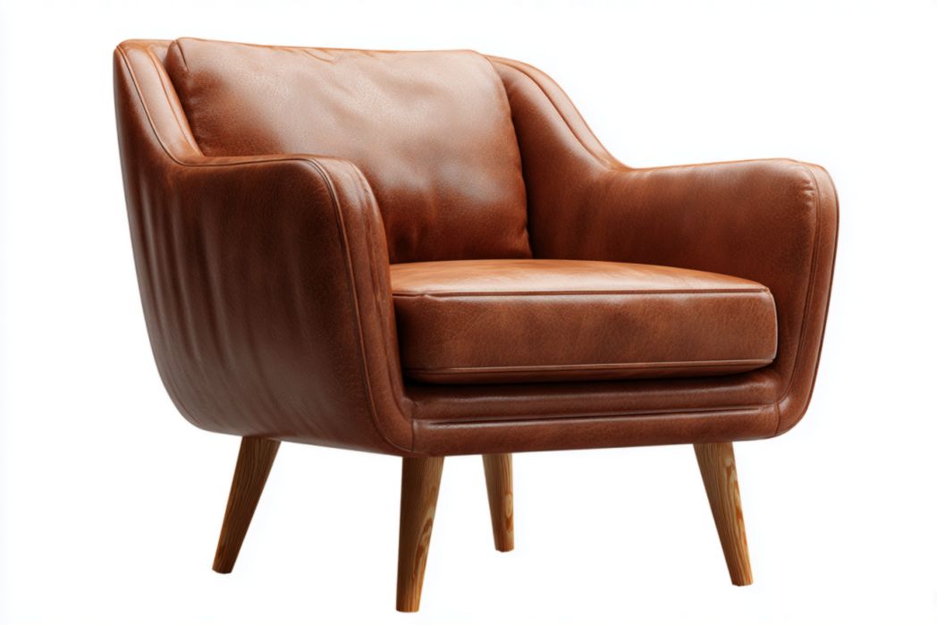 Sillón caramelo en piel sintética PU con patas de madera y cojín de asiento