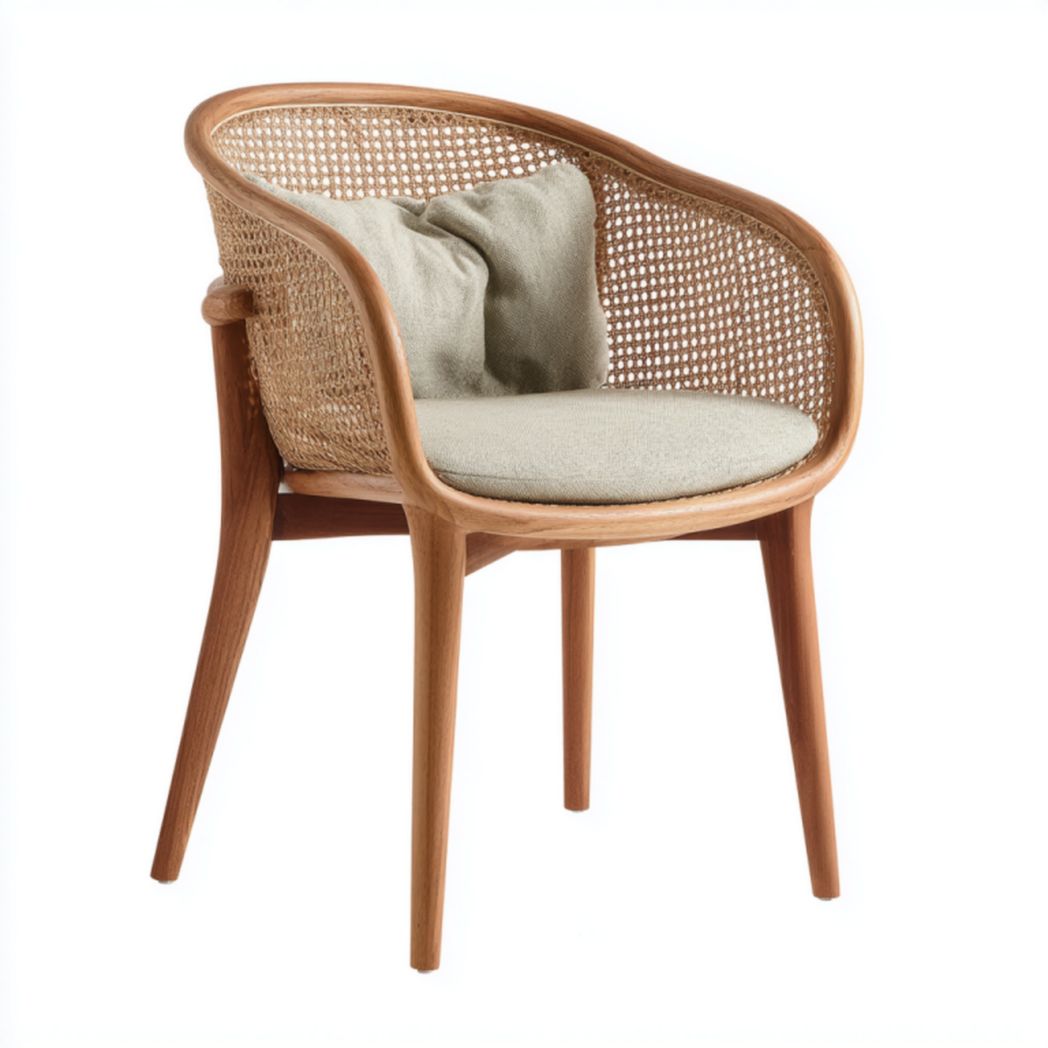 Silla de jardín de madera natural con respaldo de rejilla, cojín y almohada beige 57×59×80 cm