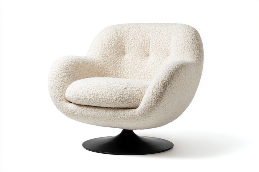 Sillón giratorio bouclé crema con base de pedestal negra