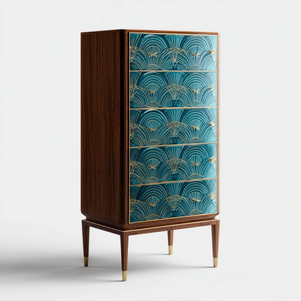 Cómoda alta nogal con frentes verde azulado y dorado, 5 cajones, 60×40×120 cm