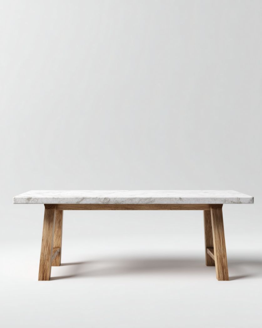 Mesa de comedor rectangular con tablero de piedra sinterizada efecto mármol blanco y base de madera maciza, 160×80×75 cm