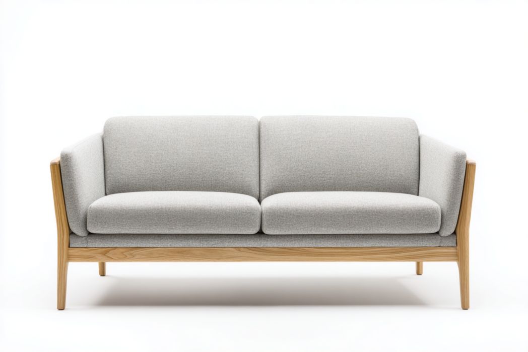 Sofá 3 plazas gris claro con estructura de madera y diseño nórdico