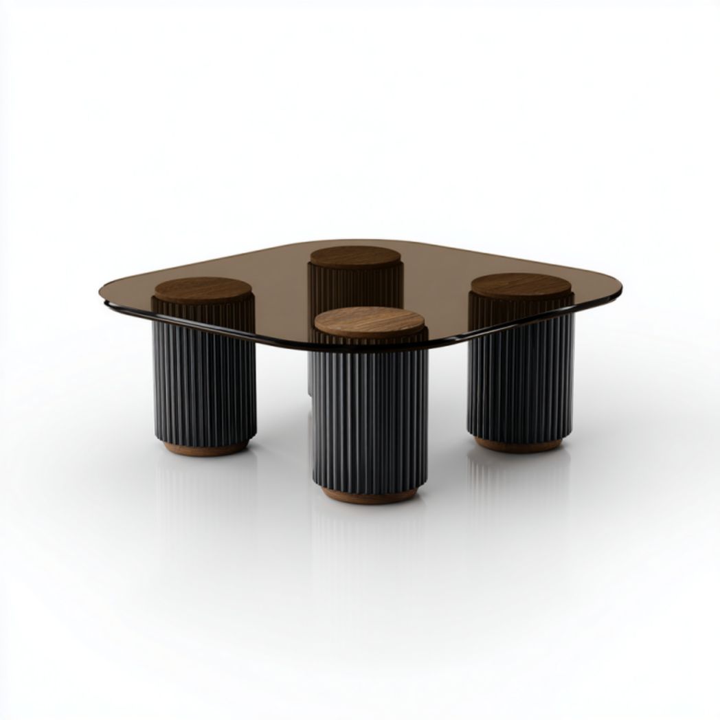 Mesa de centro de vidrio ahumado con 4 bases acanaladas y detalle en madera, 100×100×35 cm
