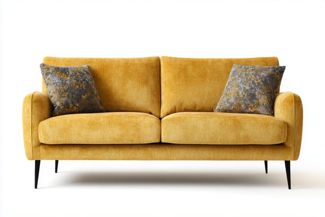 Sofá 3 plazas amarillo con cojines grises y patas metálicas