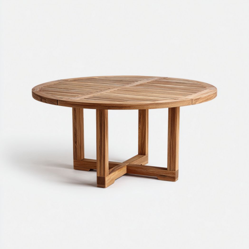 Mesa de jardín redonda de madera tono miel, tablero de lamas y base en cruz Ø120×75 cm