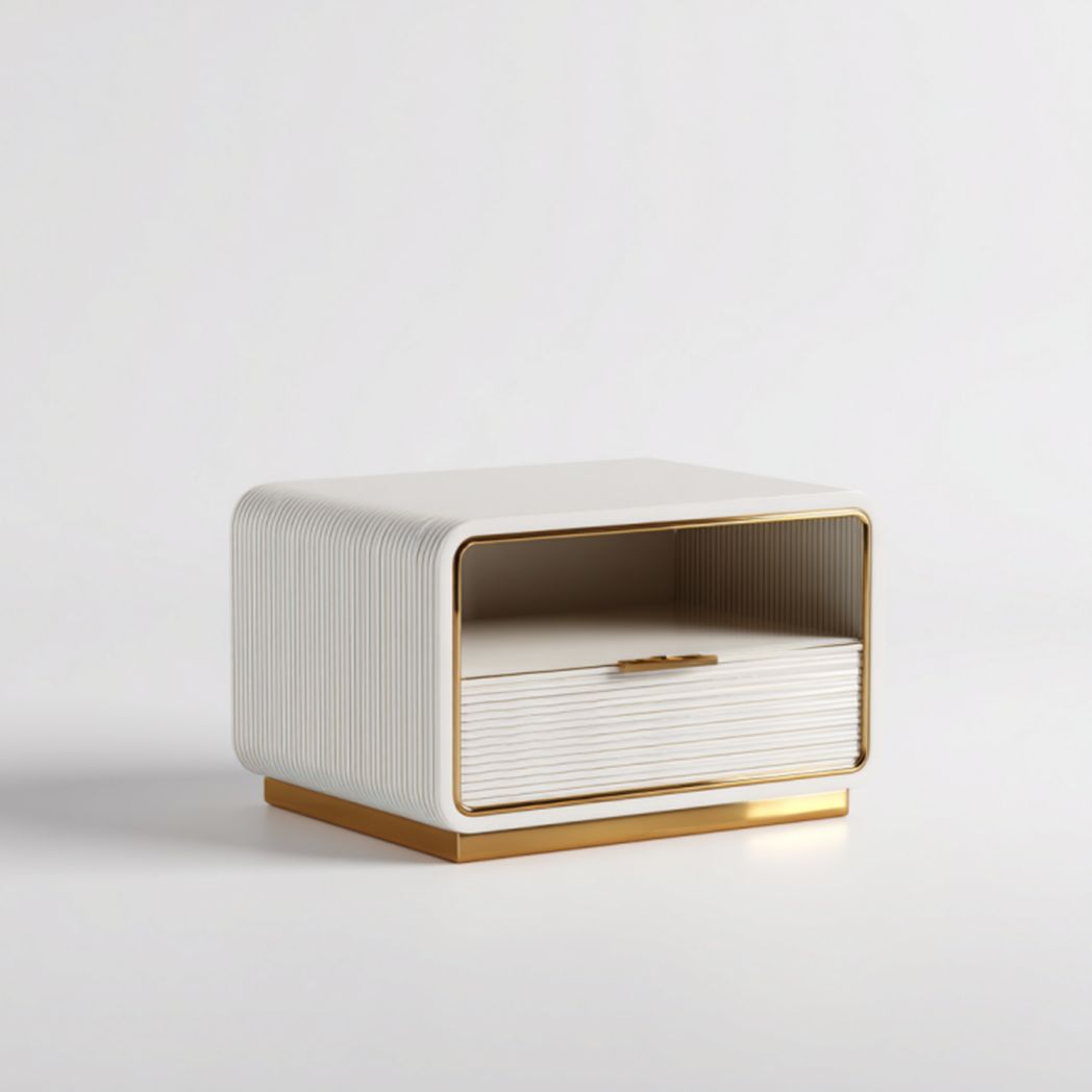 Mesita de noche con 1 cajón y estante abierto en color marfil con base dorada