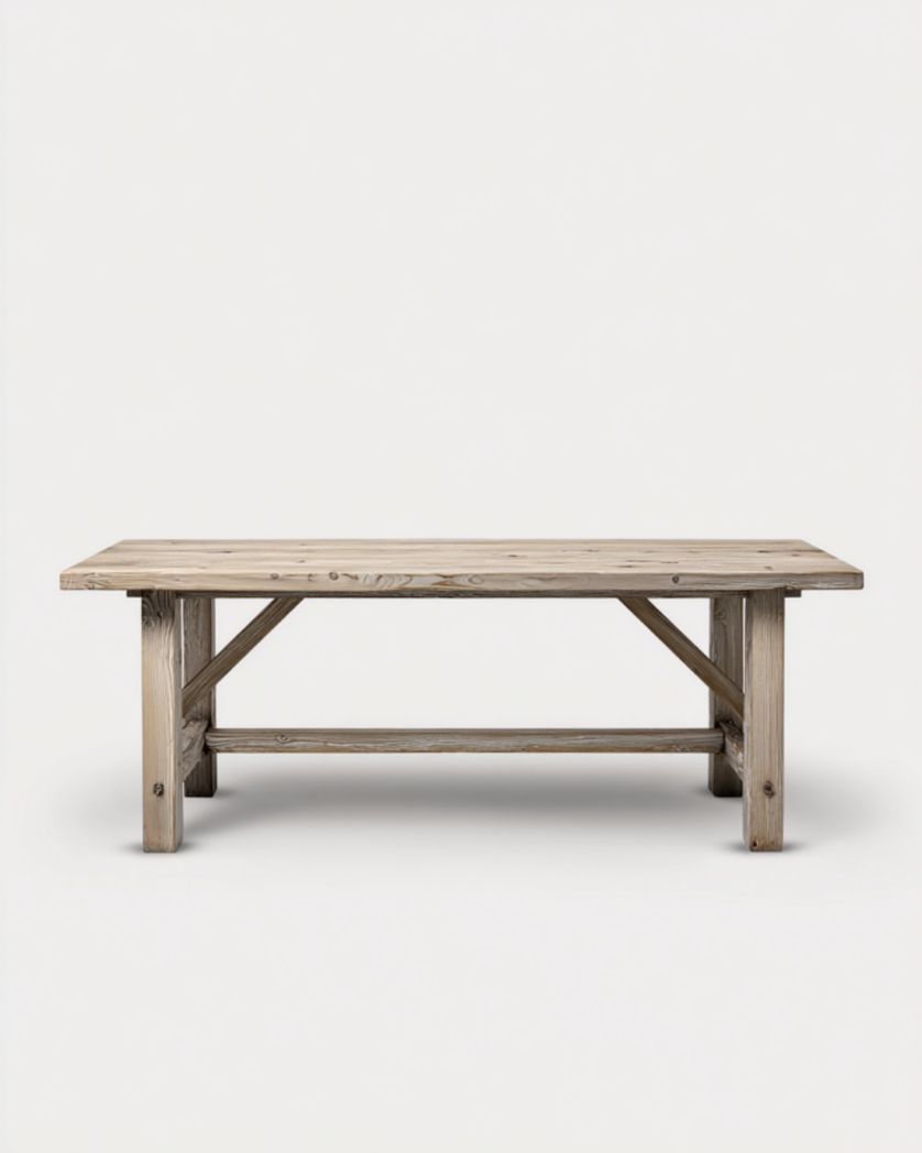 Mesa de comedor de madera maciza color gris envejecido con refuerzos en tirantes, 200×90×75 cm