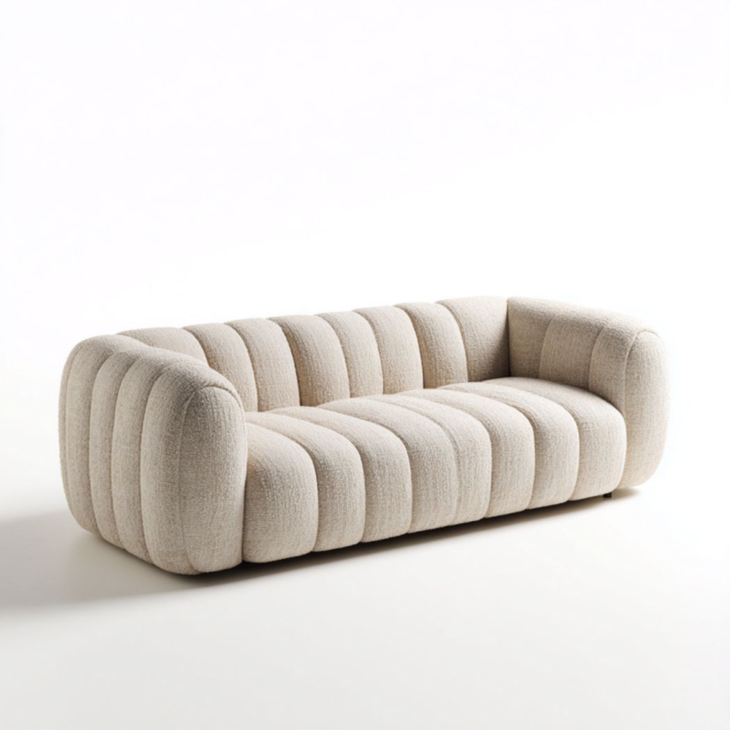 Sofá banco tapizado en tela beige para 3 plazas con diseño acolchado