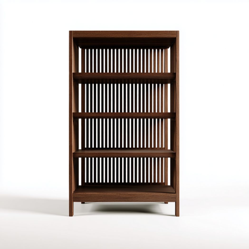 Estantería de madera color marrón oscuro con respaldo de lamas verticales y 4 niveles