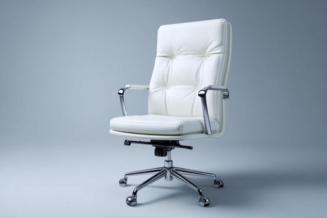 Silla de oficina de respaldo alto en piel blanca con reposabrazos y base metálica con ruedas