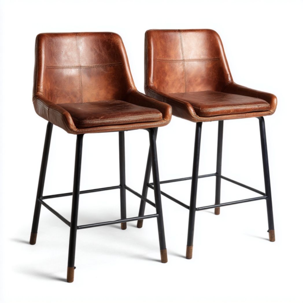 Juego de 2 taburetes de bar en piel sintética marrón con respaldo y patas metálicas negras