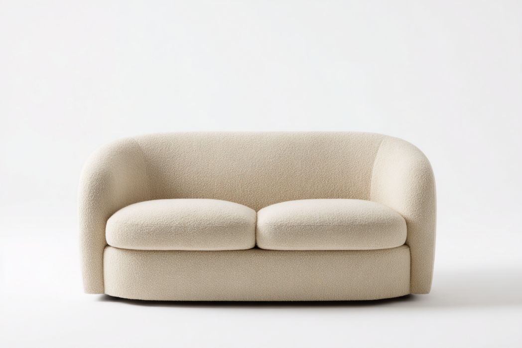 Sofá 3 plazas en tela bouclé beige con respaldo curvo y cojines acolchados