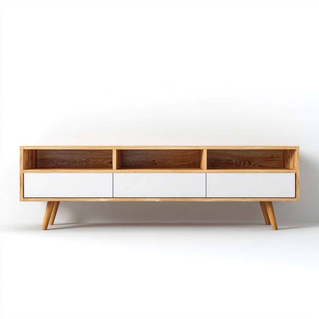 Mueble TV roble claro y blanco con 3 cajones y 3 nichos, 160×40×55 cm