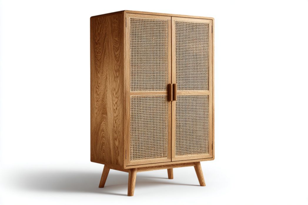 Armario de madera color natural con puertas de ratán