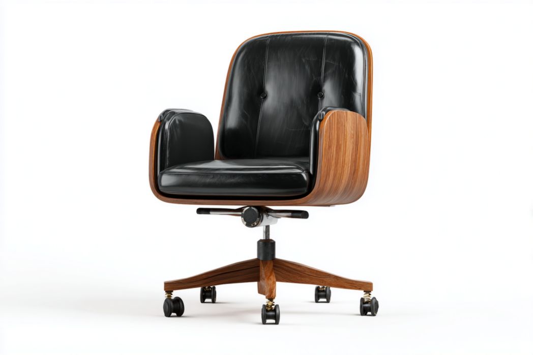 Silla de oficina en piel negra con estructura de madera y base con ruedas