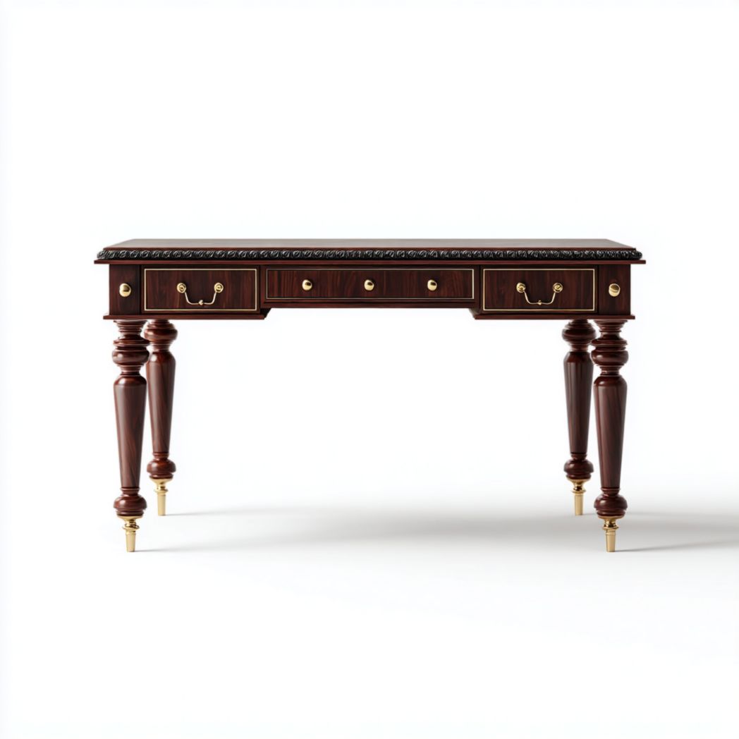 Escritorio de madera oscura con cajones y detalles tallados