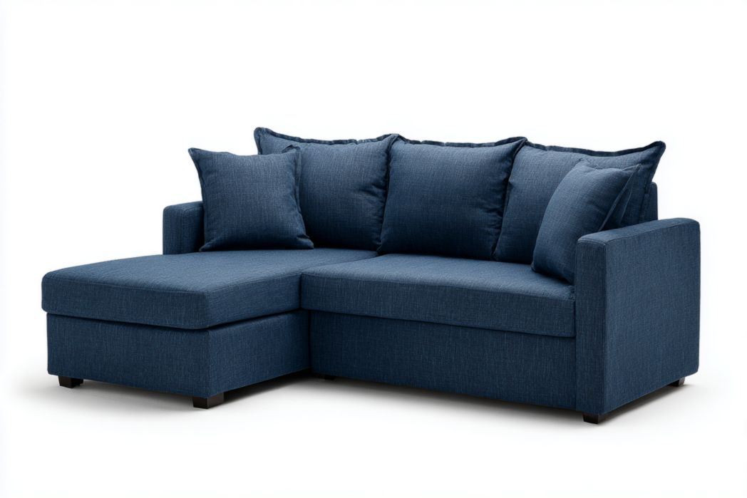 Sofá 3 plazas azul con chaise longue y cojines