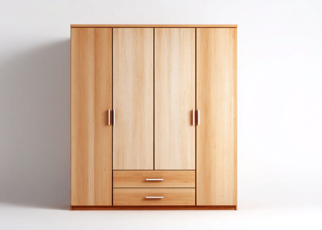 Armario de cuatro puertas con cajones de madera natural