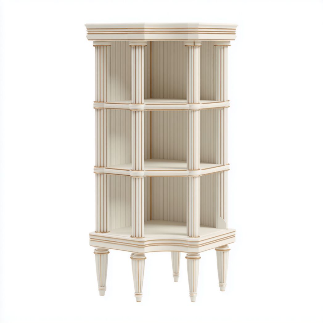 Estantería de madera color marfil con diseño clásico de columnas, 3 niveles
